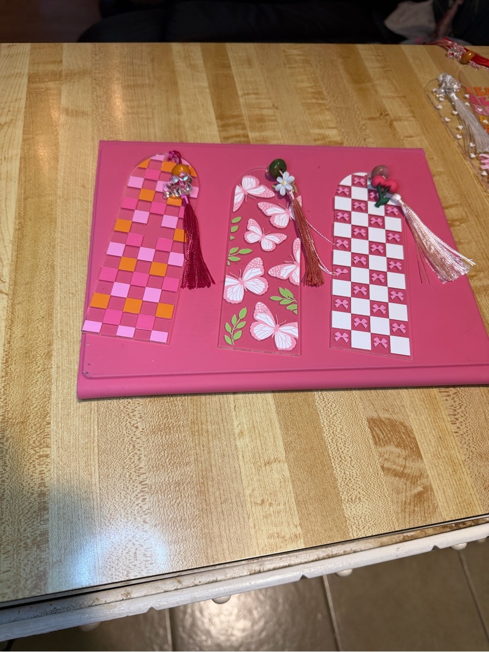 Handmade acrylic bookmarks floral, smiley, and cherry designs with tassels